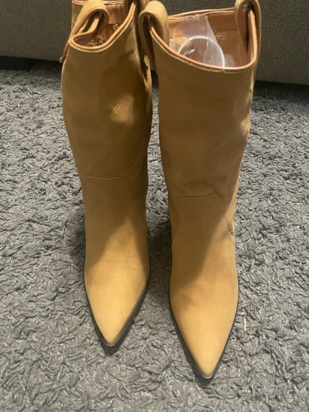 SCHUTZ Pointed-Toe Mid-Calf Heeled Boots in Tan - Picture 1 of 11